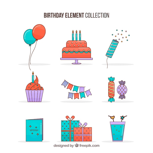 Colección de elementos de cumpleaños en estilo plano