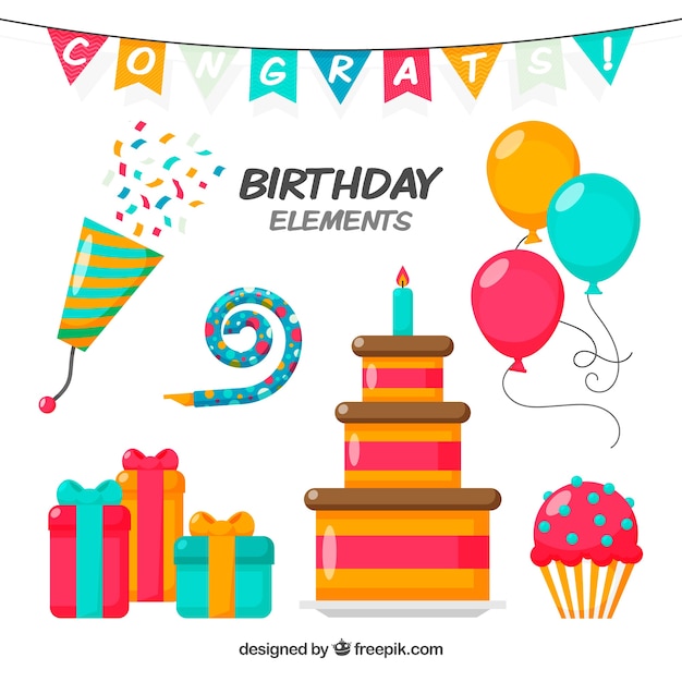 Colección de elementos de cumpleaños en estilo plano