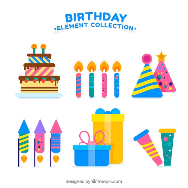 Vector gratuito colección de elementos de cumpleaños en estilo plano