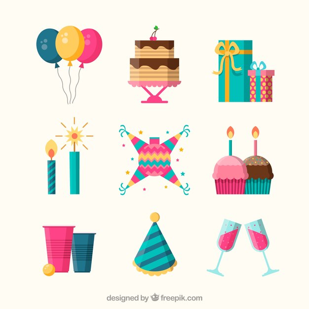 Colección de elementos de cumpleaños en estilo plano