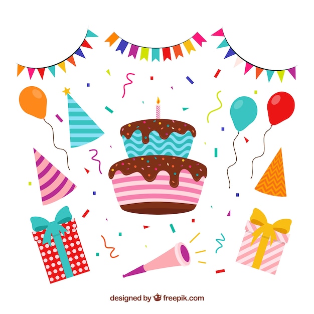 Colección de elementos de cumpleaños en estilo plano