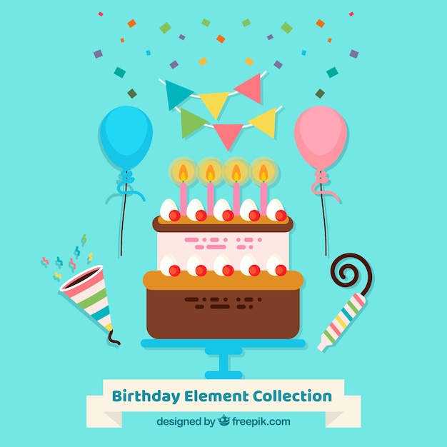 Colección de elementos de cumpleaños en estilo plano