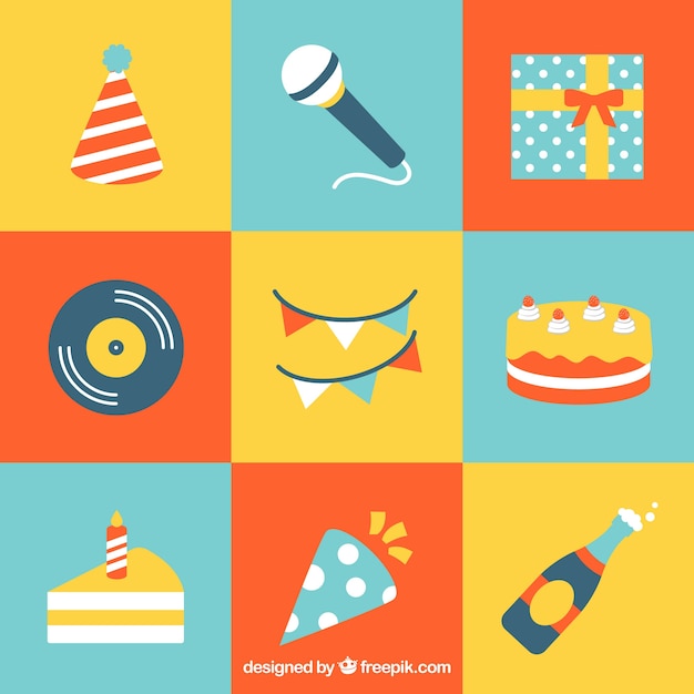 Vector gratuito colección de elementos de cumpleaños en estilo plano