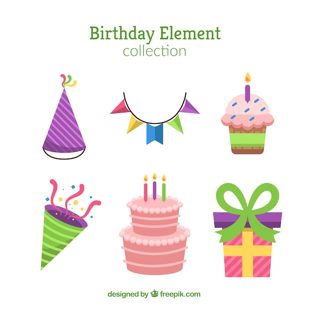 Vector gratuito colección de elementos de cumpleaños en estilo plano