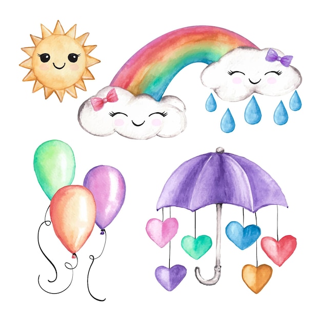 Vector gratuito colección de elementos decorativos chuva de amor de acuarela pintada a mano