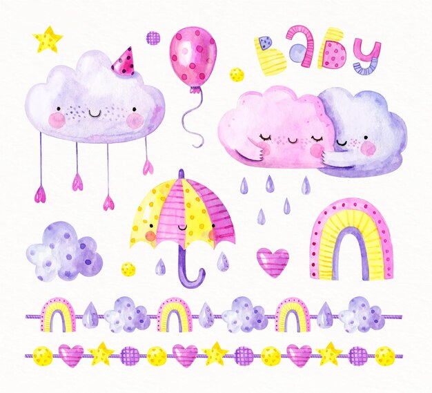Colección de elementos decorativos chuva de amor de acuarela pintada a mano