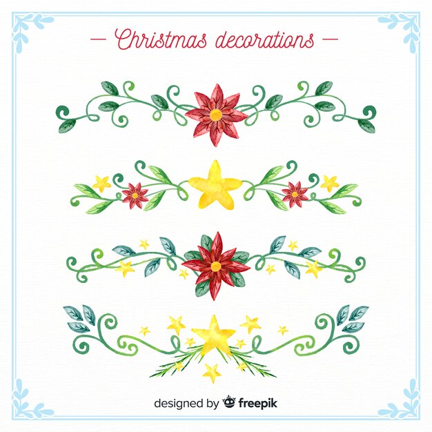 Colección de elementos decorativos navideños con flores en acuarela