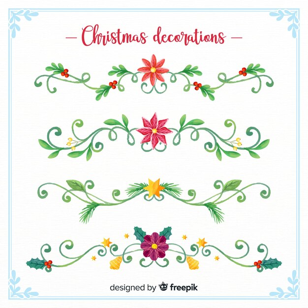 Colección de elementos decorativos navideños con flores en acuarela