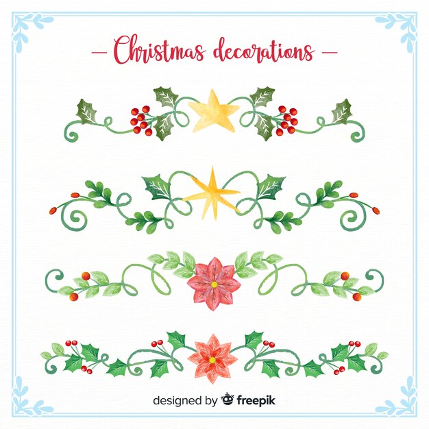 Colección de elementos decorativos navideños con flores en acuarela