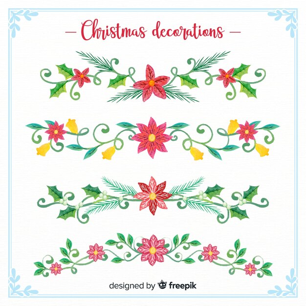 Colección de elementos decorativos navideños con flores en acuarela