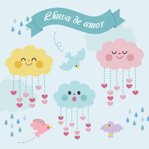 Colección de elementos decorativos planos chuva de amor