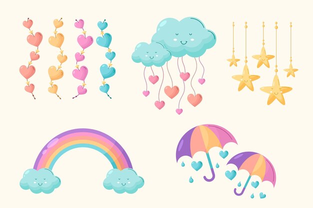 Colección de elementos decorativos planos orgánicos chuva de amor.