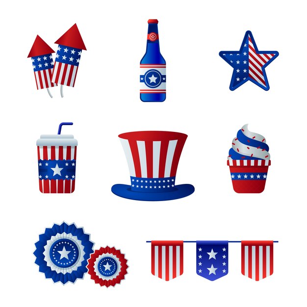 Colección de elementos degradados para la celebración americana del 4 de julio