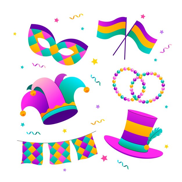 Colección de elementos degradados para el festival mardi gras.