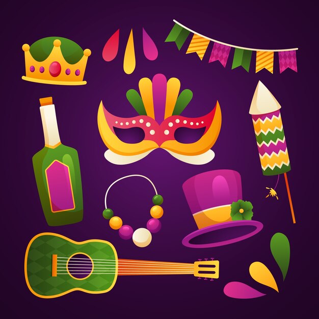 Colección de elementos degradados para el festival mardi gras.