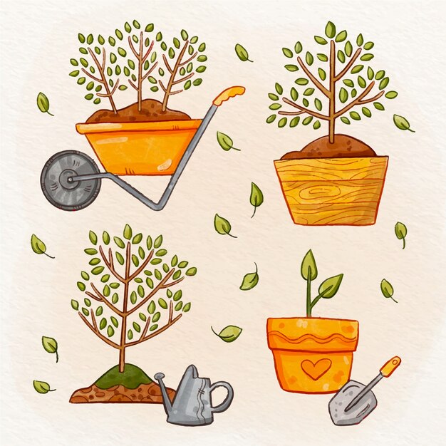 Colección de elementos del día del árbol en acuarela