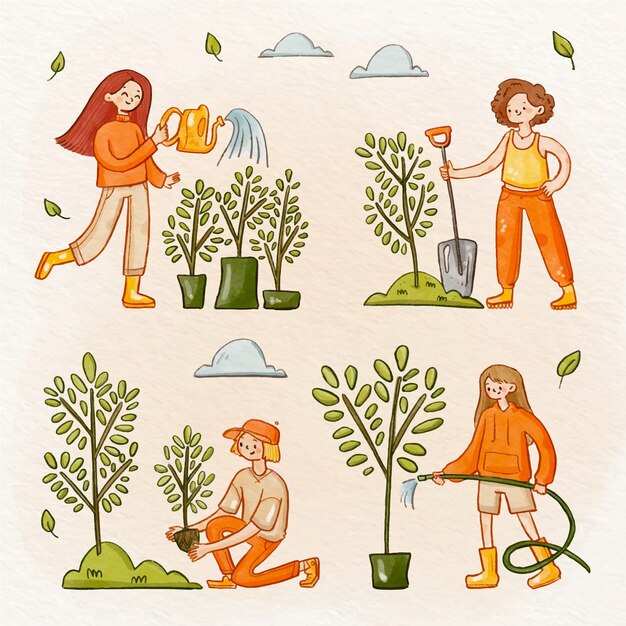 Colección de elementos del día del árbol en acuarela