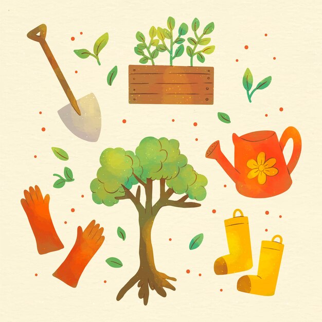 Colección de elementos del día del árbol en acuarela