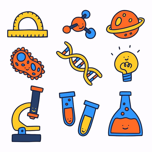 Colección de elementos del día nacional de la ciencia dibujados a mano