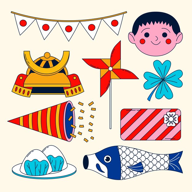 Colección de elementos para el día de los niños japoneses dibujados a mano