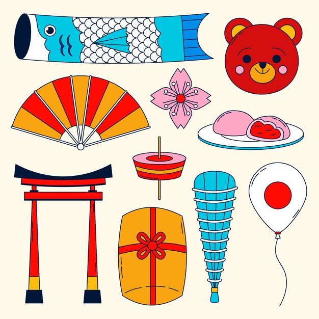 Colección de elementos para el día de los niños japoneses dibujados a mano