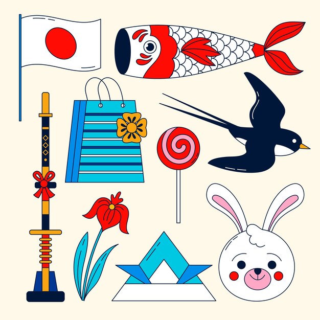 Colección de elementos para el día de los niños japoneses dibujados a mano