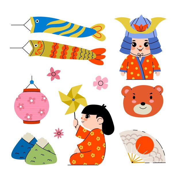 colección de elementos del día de los niños planos de Japón