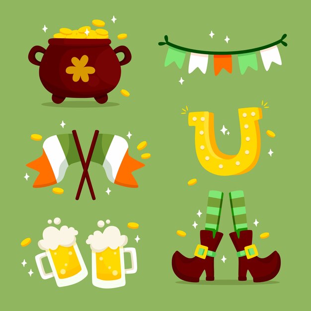 Colección de elementos del día de san patricio con bandera y cerveza