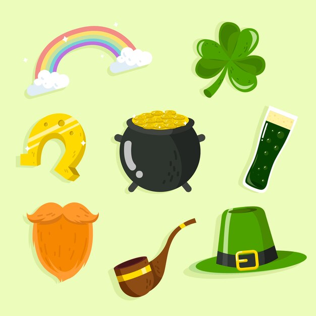 Colección de elementos del día de san patricio con barba y objetos de la suerte