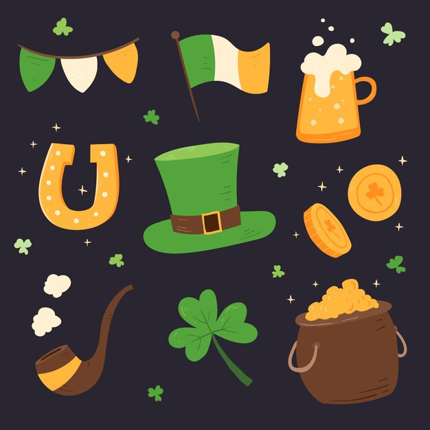 Colección de elementos del día de san patricio dibujado a mano