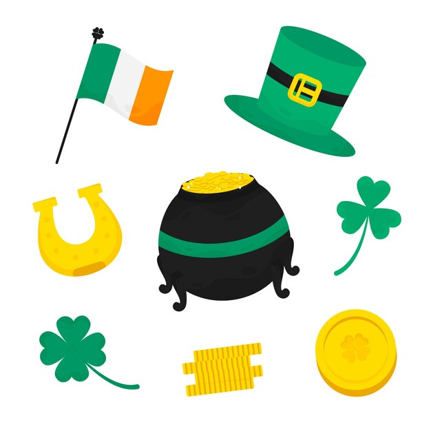 Colección de elementos del día de san patricio monedas y tréboles