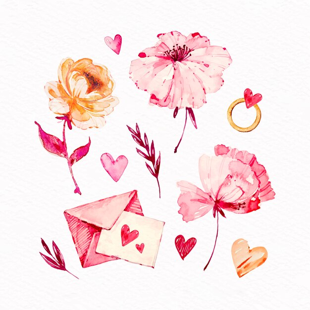 Colección de elementos del día de san valentín en acuarela