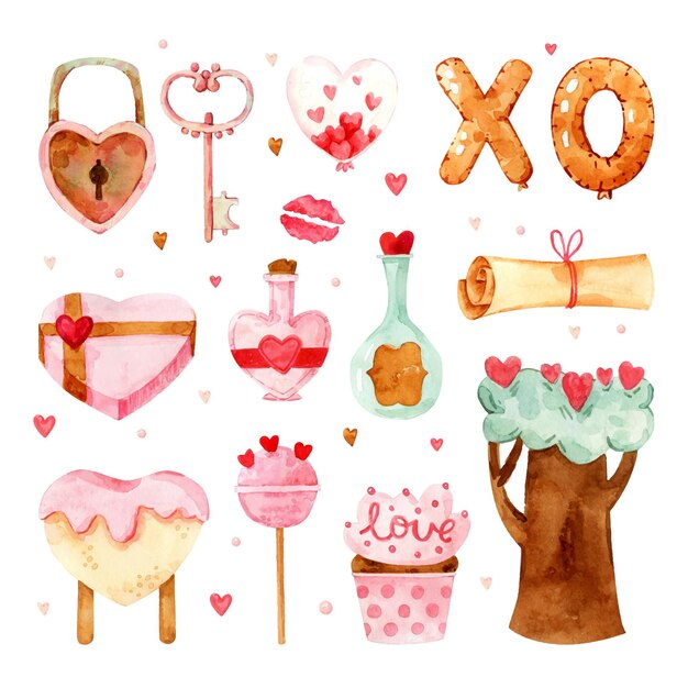 Colección de elementos del día de san valentín en acuarela