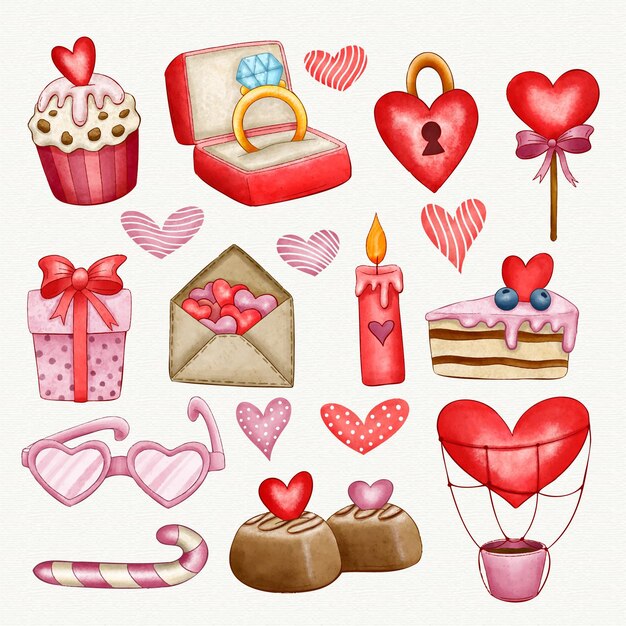 Colección de elementos del día de san valentín en acuarela
