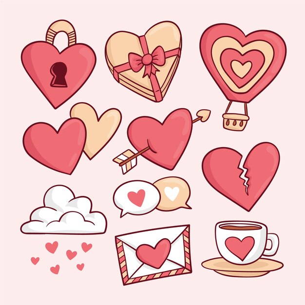 Colección de elementos del día de san valentín dibujados a mano