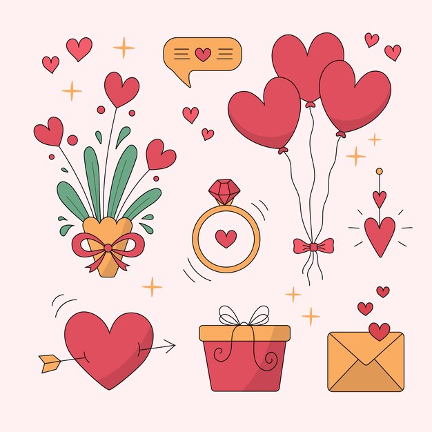 Colección de elementos del día de san valentín dibujados a mano