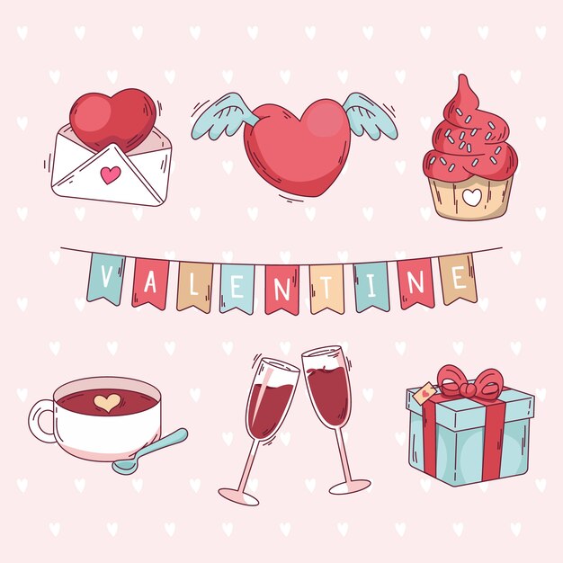 Colección de elementos del día de san valentín dibujados a mano