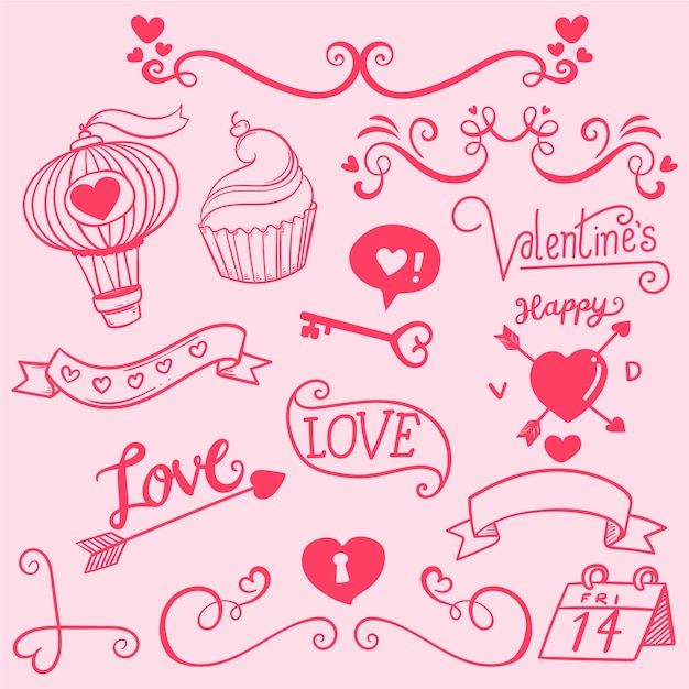 Colección de elementos del día de san valentín dibujados a mano