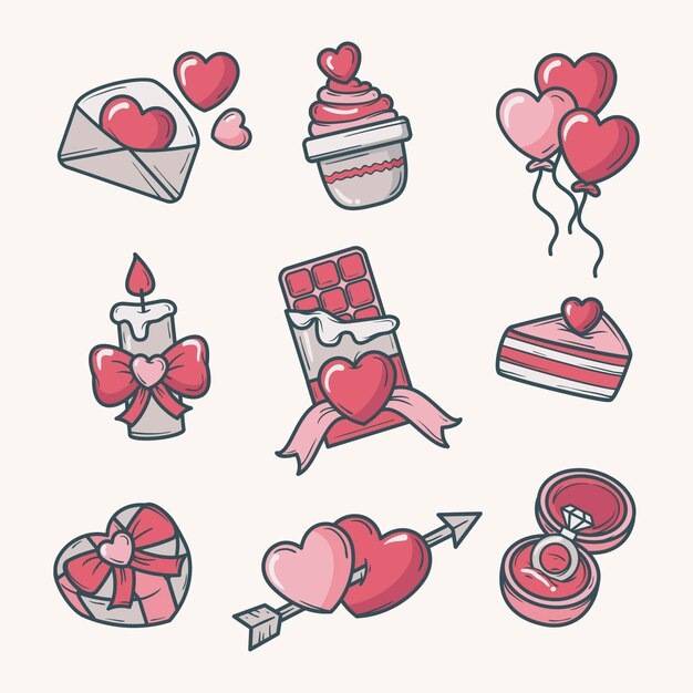 Colección de elementos del día de san valentín dibujados a mano