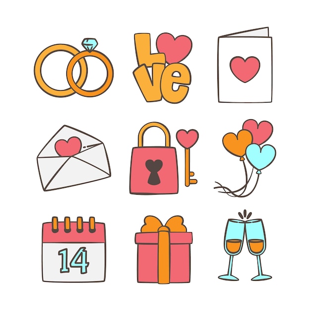 Colección de elementos del día de san valentín dibujados a mano