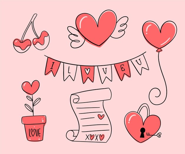 Colección de elementos del día de san valentín dibujados a mano