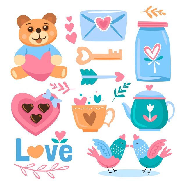 Colección de elementos del día de san valentín dibujados a mano