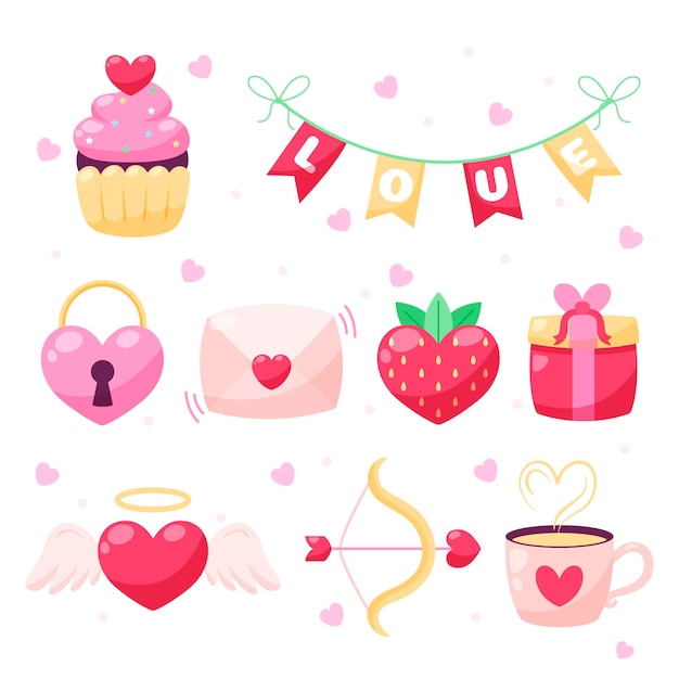 Colección de elementos del día de san valentín en diseño plano