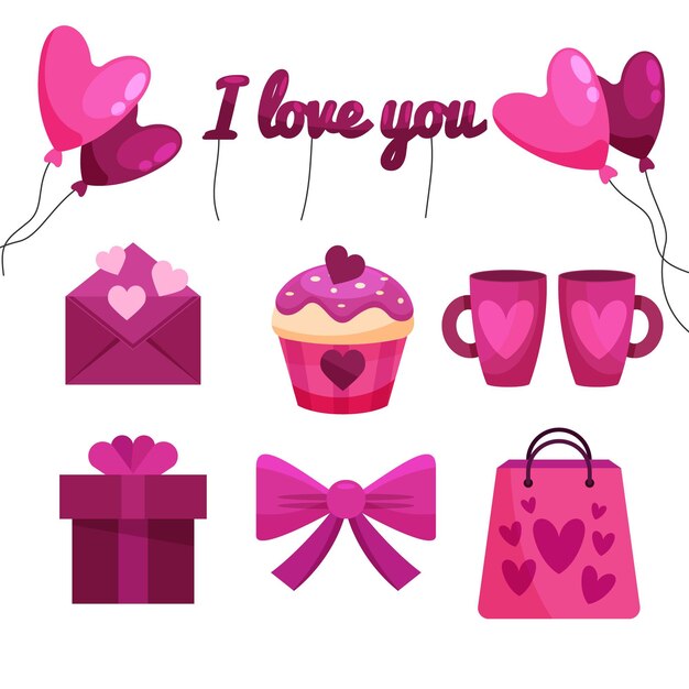 Colección de elementos del día de san valentín en diseño plano