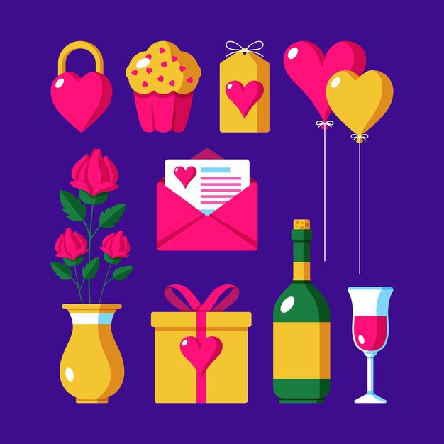 Colección de elementos del día de san valentín en diseño plano