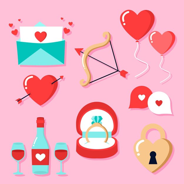 Colección de elementos del día de san valentín en diseño plano
