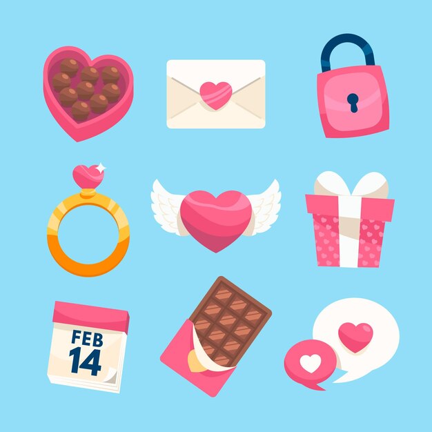 Colección de elementos del día de san valentín en diseño plano