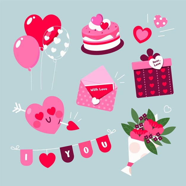 Colección de elementos del día de san valentín en diseño plano