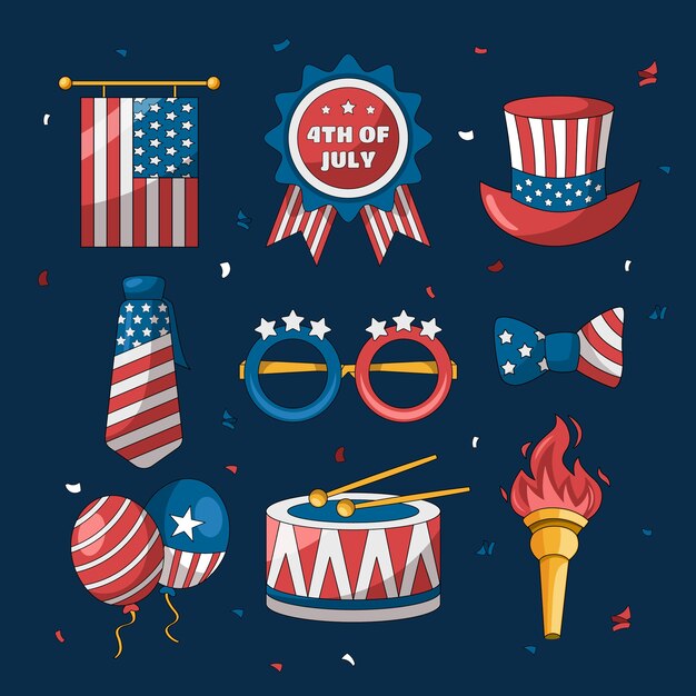 Colección de elementos dibujados a mano para la celebración americana del 4 de julio