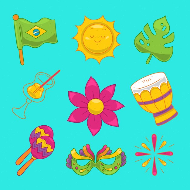 Colección de elementos dibujados a mano para la celebración del carnaval brasileño